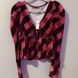 Plaid V-Neck Women's Top - Pink and Brown/Burgundy